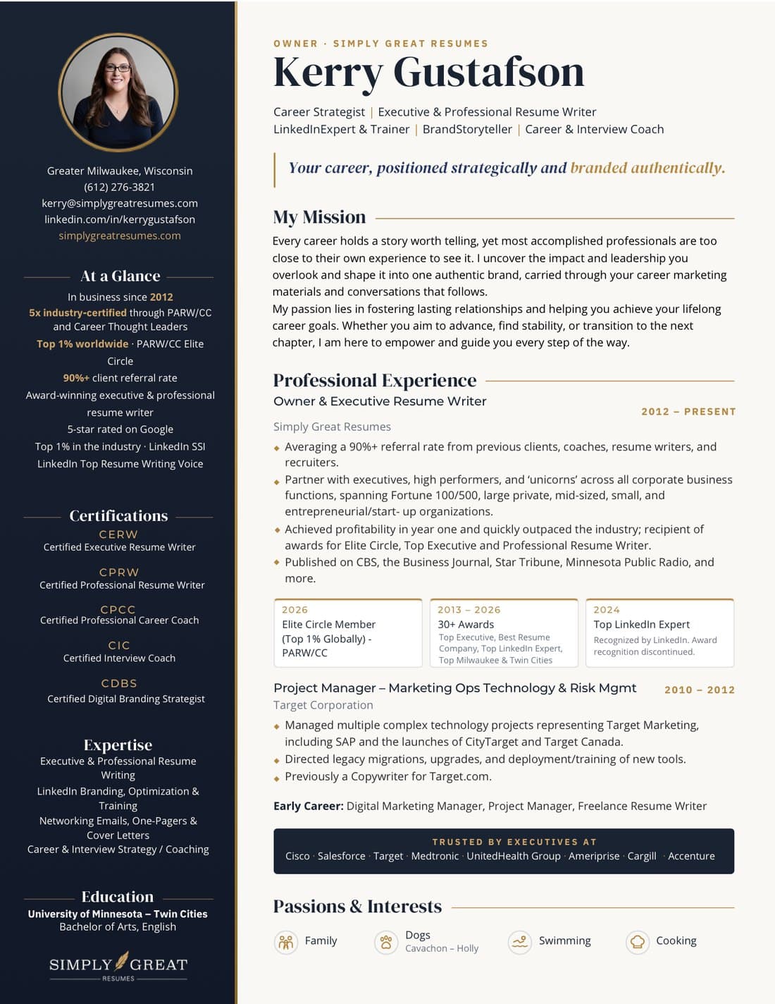 Example one-page networking resume — Kerry Gustafson’s own, with a navy sidebar of contact details, highlights, and certifications beside her mission, experience, and awards.